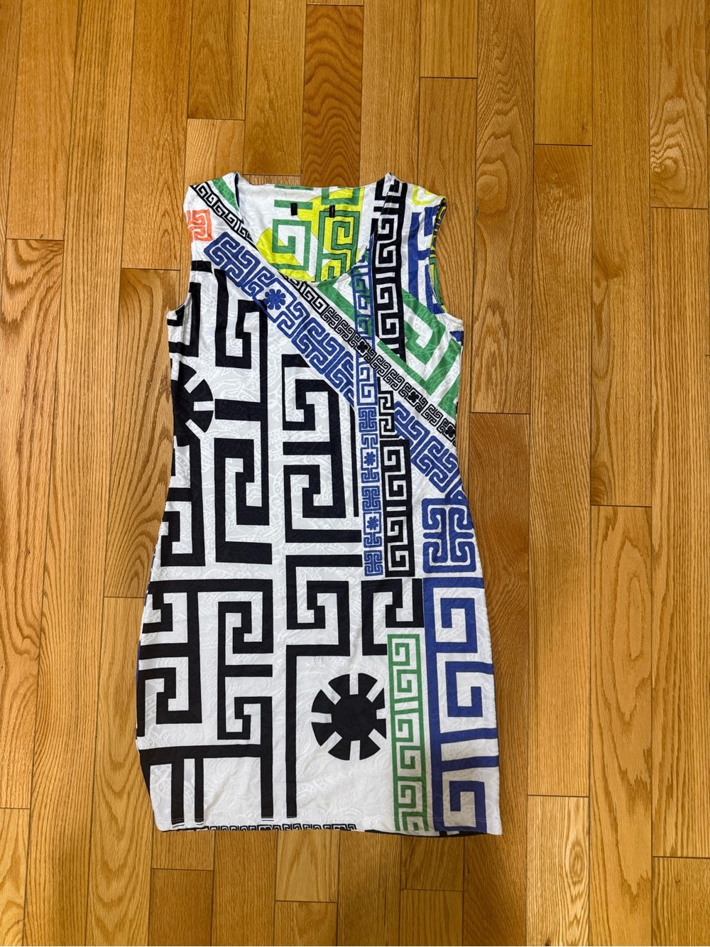 Sleeveless Shift Dress multicolor Greek design stretchy fabric
